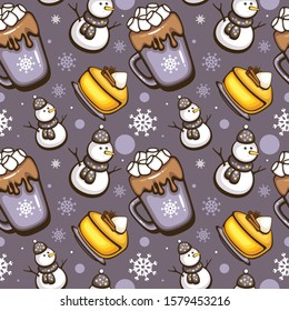 Cute Christmas seamless pattern. Hot chocolate with marshmallow, spiced pumpkin pie and funny Snowman. Vector illustration fabric, wrapping and holiday decoration.