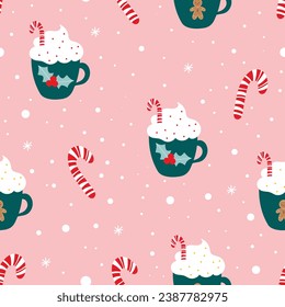 Cute Christmas seamless pattern with a hot winter drink decorated with lollipop and whipped cream. Hand-drawn modern vector illustration in doodle style. Cute December print in Scandinavian style.