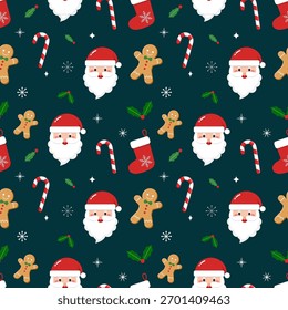 Cute Christmas seamless pattern isolated on dark green background. Xmas repeat pattern with Santa Claus, candy canes, gingerbread man, snowflakes and holly leaves.Vector graphic wallpaper.