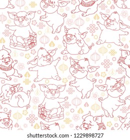 Cute Christmas seamless pattern with linear funny pigs and Chinese New Year symbols. Cartoon style monochrome Vector illustration isolated on white background.