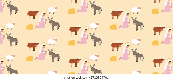Patrón inconsútil de las Navidades lindas con María que sostiene al bebé Jesús y a los animales estables — ilustración pastel suave de la natividad