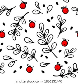 Cute Christmas seamless pattern with mistletoe leaves and holly berries. Great for winter theme wrapping paper, fabric, textile, wallpaper. Nature motive. New year  cartoon vector background.