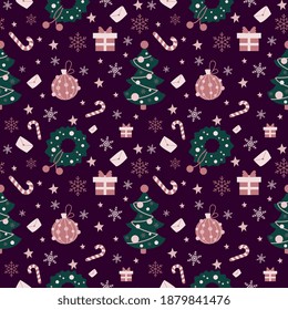 Un lindo patrón de Navidad sin fisuras. Atributos de Año Nuevo: árbol, chupete, regalos, corona, carta. Para postales, papel de embalaje, papel de papelería