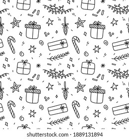 Cute Christmas seamless pattern. New Year's gifts, Christmas balls, twigs, garlands, stars and festive confetti. Vector hand-drawn illustration in doodle style. Perfect for wrapping paper, packaging.