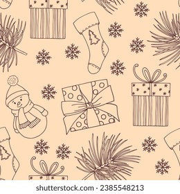 Cute Christmas seamless pattern. New Year's gifts, snowman, spruce branches, snowflakes. Vector hand drawn illustration in doodle style. Ideal for wrapping paper, packaging.