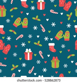 Cute Christmas seamless pattern. Christmas and New Year's decorative elements on blue background. Vector illustration