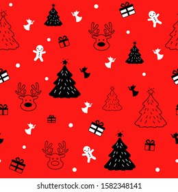 Cute Christmas seamless pattern on red background.