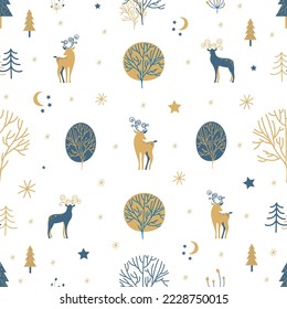 Cute Christmas seamless pattern on the white background. Deers, Christmas trees, plants, stars, snowflakes. Fairy tale vector illustration in Scandinavian style.
