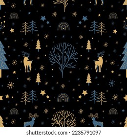 Cute Christmas seamless pattern on black background. Deers, stars, snowflakes, plants, spruce, rainbow. Blue and gold elements. Vector illustration template for christmas wrapping paper, package.