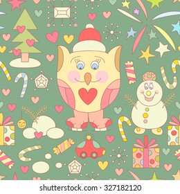 Cute Christmas seamless pattern with owl and snowman, firework and stars . Happy holidays print. Green background