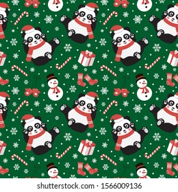 Cute christmas seamless pattern with panda, candy, snowflakes, snowman, mittens and socks. Vector illustration