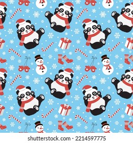 Cute christmas seamless pattern with panda, candy, snowflakes, snowman, mittens and socks. Vector illustration
