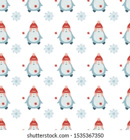 Cute Christmas seamless pattern with a penguin in the header, snowflakes in flat style. Background for fabric, Wallpaper, wrapping paper. Vector illustration.