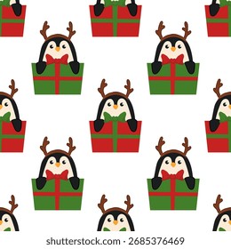 Un lindo patrón de Navidades sin fisuras con pingüinos sosteniendo cajas de regalos.