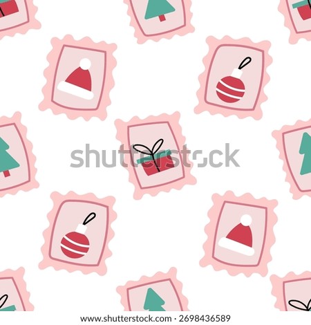 Cute Christmas seamless pattern with pink stamps and ornaments. Wall paper, wrapping paper, notebook cover, fabric template