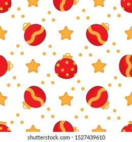 Cute Christmas seamless pattern with red balls and stars. 