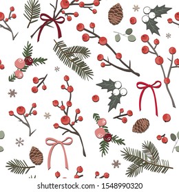 Cute Christmas seamless pattern with red berries, fir branches and holly leaves. Vector illustration for cards and wrapping paper.
