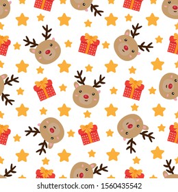 Cute Christmas seamless pattern with reindeer and present boxes.