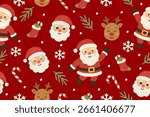Cute Christmas seamless pattern with Santa Claus, reindeer, candy canes, snowflakes, and stockings on a festive red background. Perfect for holiday designs.