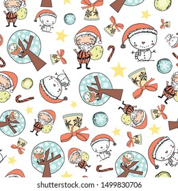 Cute Christmas seamless pattern with Santa Claus, snowman, cookies, Xmas bells and stars. Fun vector Christmas background for kids, fabric, wrapping paper.