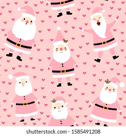 Cute Christmas seamless pattern with Santa Claus and hearts on pink background for holiday designs