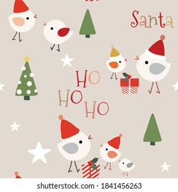 Cute Christmas seamless pattern with Santa hats on happy birds, trees, presents and stars on beige background. Great for winter fabric, textile, holiday wrapping paper, scrapbooking. Surface pattern
