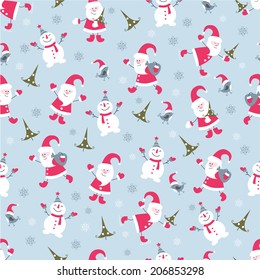 Cute Christmas seamless pattern with Santa and snowman