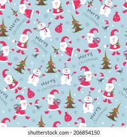 Cute Christmas seamless pattern with Santa ,snowman and christmas tree