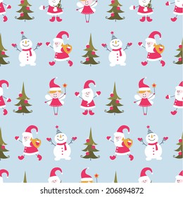 Cute Christmas seamless pattern with Santa, snowman, fairy and Christmas tree