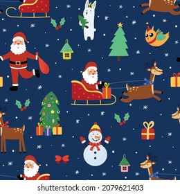 Cute Christmas seamless pattern with Santa Claus in sleigh, snowman, reindeer and other winter characters. Christmas tree with presents background. Vector illustration