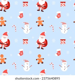 La Navidad suave y suave con santa, regalo, muñeco de nieve, dulces. Ilustración vectorial para paquete, fondo, postal
