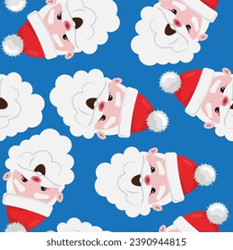 Un lindo patrón de Navidad sin fisuras con la cara de Santa Claus sobre fondo azul. Para textiles, papel, papel de envoltura, papel pintado, tarjetas

