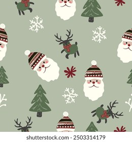 Cute Christmas Seamless Pattern with Santa Claus Reindeer Snowflakes and Christmas Trees Festive Holiday Design for Wrapping Paper Fabric and Decorations