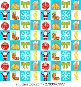 Lindo patrón de Navidades sin fisuras con Santa Claus, copo de nieve y casa de jengibre. Fondo de dibujos animados de Festiva para envolver papel, textiles, tarjetas de felicitación y Ilustración vectorial de decoración festiva.