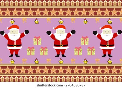 Lindo patrón de Navidades sin fisuras con Papá Noel, cajas de regalo y galletas de jengibre. Fondo festivo de vacaciones de invierno de dibujos animados. Diseño de la raya de la frontera con las estrellas y las casas en púrpura para envolver el papel