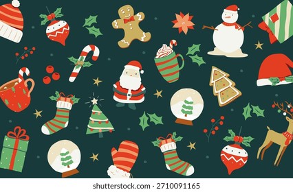 Bonito Natal sem emenda padrão com Santa, boneco de neve, presentes, ornamentos e elementos de férias