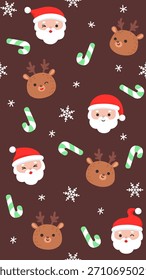 Bonito Natal sem emenda padrão com Santa Faces renas cabeças doces bengalas e flocos de neve no fundo marrom Vetor ilustração