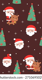Nettes Weihnachts-Nahtloses Muster mit Weihnachtsgesichtern und Rentier mit Schnee und dekorativen Bäumen auf dunkelbraunem Hintergrund, Vektorgrafik