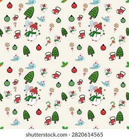 Cute Christmas Seamless Pattern with Santa, Christmas Tree, Gift Box,and coffee mug.