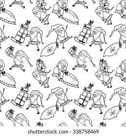 Cute Christmas seamless pattern with Santa and gifts. Winter holidays celebration background with doodle Santa Claus character with gift boxes and suck in line art doodle style, black and white colors
