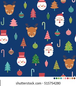 Cute christmas seamless pattern with santa claus, reindeer, snowman , ball, candy cane and pine tree illustration.