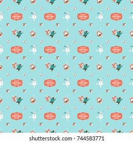 Cute Christmas seamless pattern with Santa, snowman and dancing animals. Vector background for wrapping paper or greeting cards