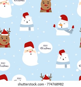 Cute Christmas seamless pattern. Santa, snowman, polar bear and reindeer. Vector.