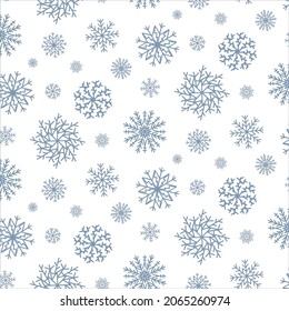 Cute Christmas seamless pattern with snowflakes isolated on white background. Happy new year wallpaper and wrapper for seasonal design, textile, decoration, greeting card. Hand drawn prints and doodle