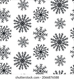 Cute Christmas seamless pattern with snowflakes isolated on white background. Happy new year wallpaper and wrapper for seasonal design, textile, decoration, greeting card. Hand drawn prints and doodle