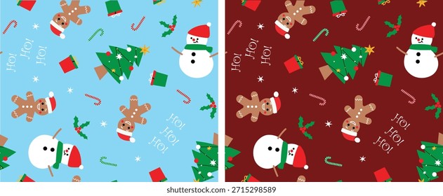Cute Christmas Seamless Pattern with Snowman, Gingerbread Man, and Gifts