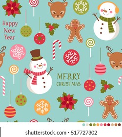 Cute christmas seamless pattern with snowman, reindeer and ornaments illustration