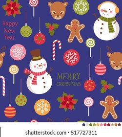 Cute christmas seamless pattern with snowman, reindeer and ornaments illustration