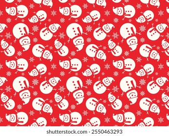 Cute Christmas seamless pattern with snowmen on red background. Cheerful winter holiday design