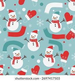 Cute Christmas seamless pattern with snowmen, and snowflakes on light blue background, perfect for holiday wrapping paper, festive textile design, or winter greeting card illustration